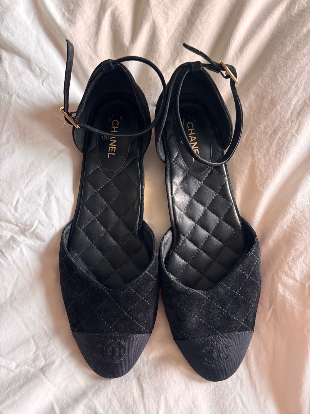 CHANEL Black Quilted Ankle-Strap Mules